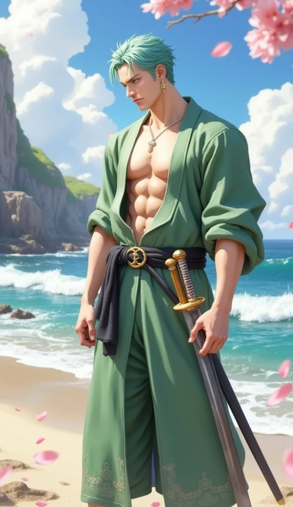 (obra-prima, melhor qualidade: 1.2), Tiroteio de Cowboy, sozinho, Foco masculino, 1st grade, Roronoa Zoro, cicatriz, homem musculoso, sorrir, olhando para o espectador, (empunhadura dupla: 1.2) Katanas, folded arms, roupas japonesas, quimono verde (((master part+best quality+high resolution+ultra-detalhado))), Zoro\(one piece\), nariz alto, olhos afiados, olhos perfeitos, noble and inviolable temperament, (([masculino]: 1.2 + [majo]: 1.2 + cabelo verde: 1.2)), fundo de navio pirata, (one piece), Roronoa Zoro, cabelo verde cortado, Tiroteio de Cowboy, cicatriz no olho, musculoso masculino, (empunhadura dupla:1.2), Katanas, folded arms, roupas japonesas, quimono verde, Dynamic angle and posture.
Nome: Roronoa Zoro Idade: 21 anos Altura: 1,Peso 81m: 78kg Origem: azul leste, Physical description: Zoro is a skilled swordsman with a distinctive appearance. He has messy green hair and three scars on his left eye, resultado de seu treinamento rigoroso. His athleticism and defined muscles reflect his strength and physical prowess. He is usually seen wearing an open shirt and green pants, in addition to carrying his three swords on his back. Personalidade: Zoro is known for his serious and determined nature. He is highly loyal to his friends and is willing to risk his life to protect them. Sua busca incessante para se tornar o espadachim mais forte do mundo muitas vezes o leva a treinos intensos e a desafiar poderosos oponentes. Despite its intimidating appearance, Zoro has a dry sense of humor and often engages in funny moments with his teammates.