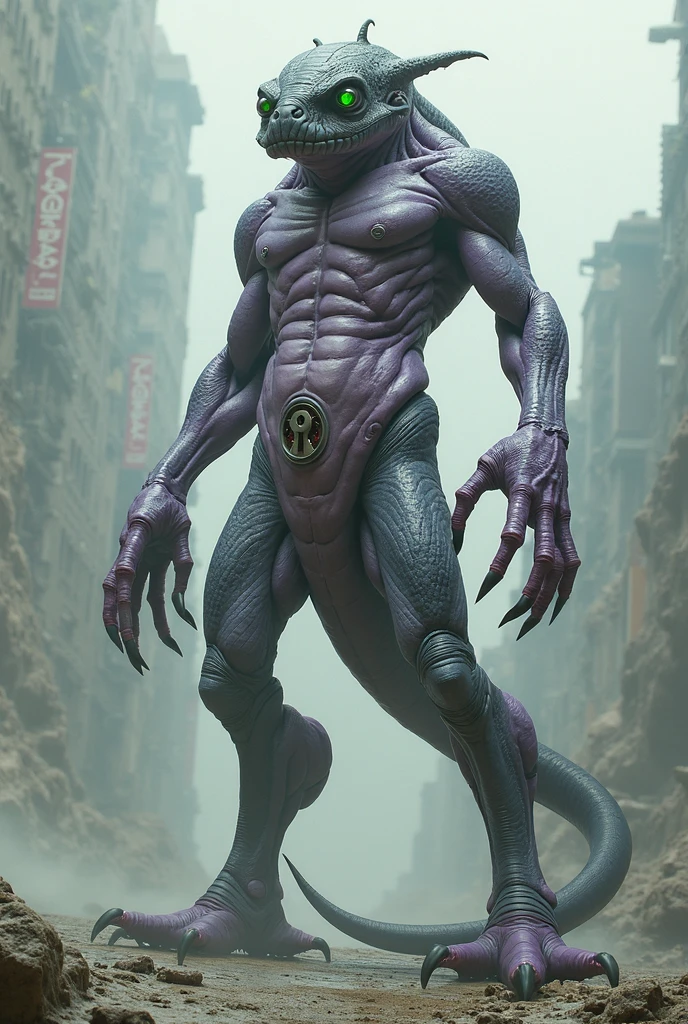 alien monster with pinkish rough skin, a gigantic penis that it uses as a tail to snake, a very muscular male torso, and a lascivious face with large purple eyes.