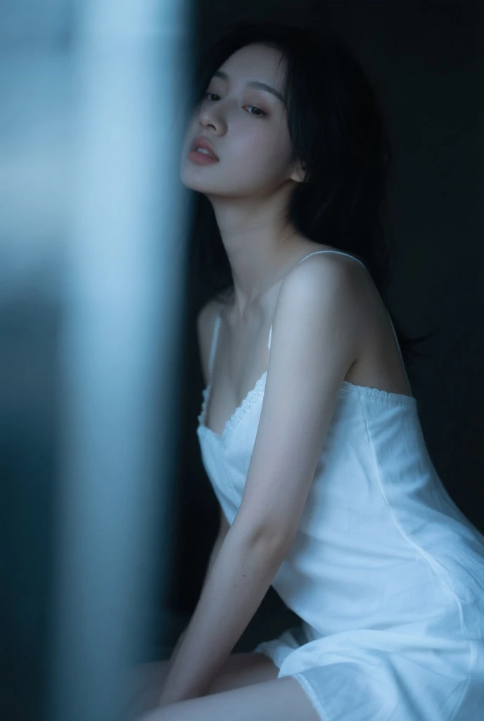 Best quality, masterpiece, ultra high res, photorealistic, raw photo, unity 8k wallpaper,night,dappled moonlight, dark blue theme,dim lightingm,
1girl,see-through dress,black nightgown,messy hair, (sad,disappointed, crying, tears:1.1), empty room,(sittig on floor, against wall:1.1), window, transparent curtains,