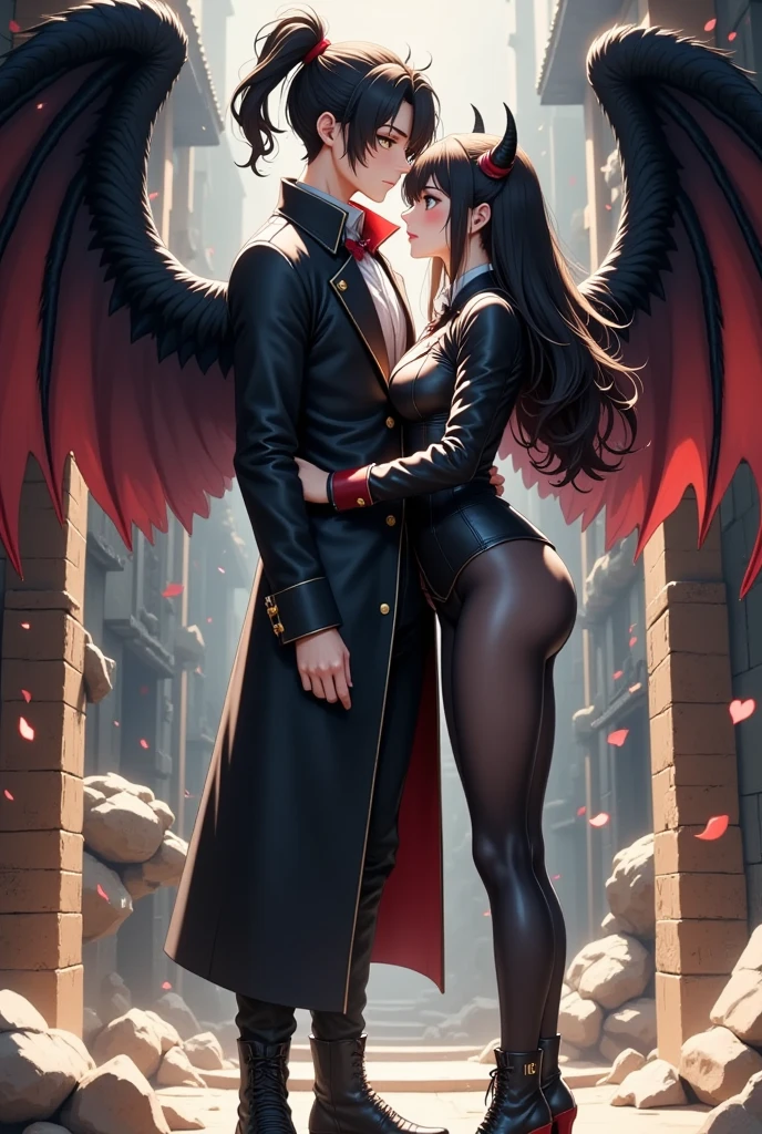 Two male demons hugging and stroking each other,Full of muscles,nakeness,Full body like,Barefoot,Bat wings,There are goat horns on the head,Demon tail,hindquarters