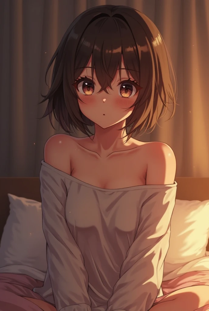 Teen, young, Exposed large breasts, Transparent clothing, On the bed, You seem excited.、Feeling restless, short hair, Brown Hair, The body is slim, Wet clothes　((Highest quality)), ((masterpiece)), (detailed), Perfect Face