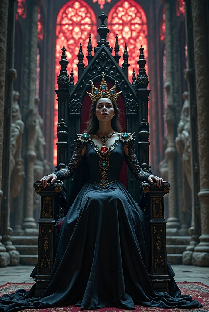 1. Throne Design: Make the throne grand and imposing, possibly adorned with dark or sinister elements like sharp edges or ominous symbols.
2. Queen’s Appearance: Opt for a regal yet menacing look—dark, elaborate attire with rich textures, possibly incorporating elements like a crown with sharp edges or intricate, foreboding jewelry.
Expression and Pose: The queen’s expression could be one of arrogance or malice, and her pose should reflect her authority and dominance.I want this in 16:9 ratio