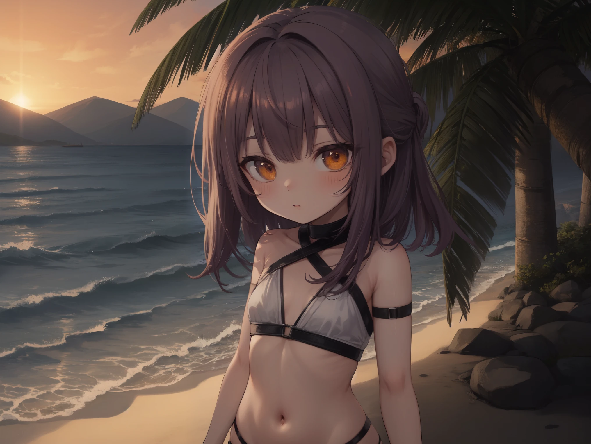 NSFW,masterpiece,Highest quality,High resolution,Super detailed,Nekone \(Utawarerumono\),Brown Hair、(Red Eye:1.3)、ribbon,Twin tails、ヘアribbon、Mole、目の下のMole,Small breasts,Japanese style,High quality sexy bikini,beach,Palm tree,Rock Shade,Embarrassed,blush,(Seduce),(Strong-faced men),Picking Up Girls,Massage the breasts