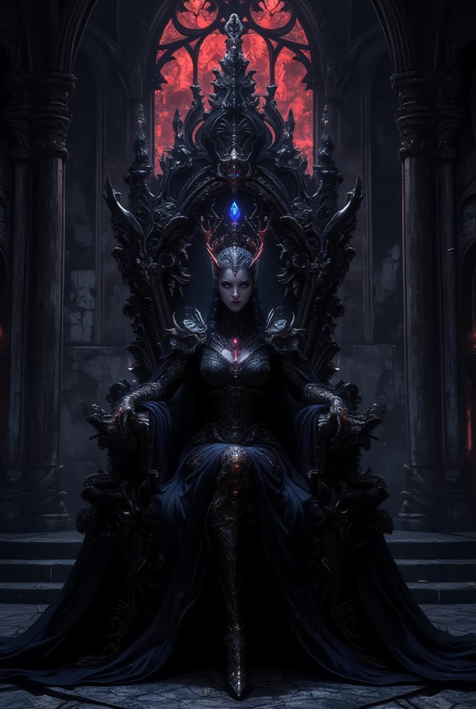Surreal　Very detailed　Ultra Fantasy　Ultimate Details　Ultra-high resolution　8K 32k 3D 　Clear Eyes　Silver Hair　　Sit on a chair　A hawk sits on a skull　Holding a demonic skull in his left hand　Assassin　A giant snake coils around your arm　Dragon head with shoulder pads facing outwards　mechanical engineering　Mechanic Art　　.　intricate and elaborate design, money, gold　Silver　Silver Red　Black-purple　Dynamic pose　Robotics　Cinema Lighting　Demonic Spell Aura　Sit on a chair　　　Magic circle design　A large, luxurious amulet made of gold　Vivid Color　In his right hand he holds a halberd of mysterious design.　Girl　 Place a glowing blue-purple crystal with a pentagram symbol on your lap　A gorgeous, devilish and cool tiara　The ultimate mysterious design　Satanism　Demonic Armor