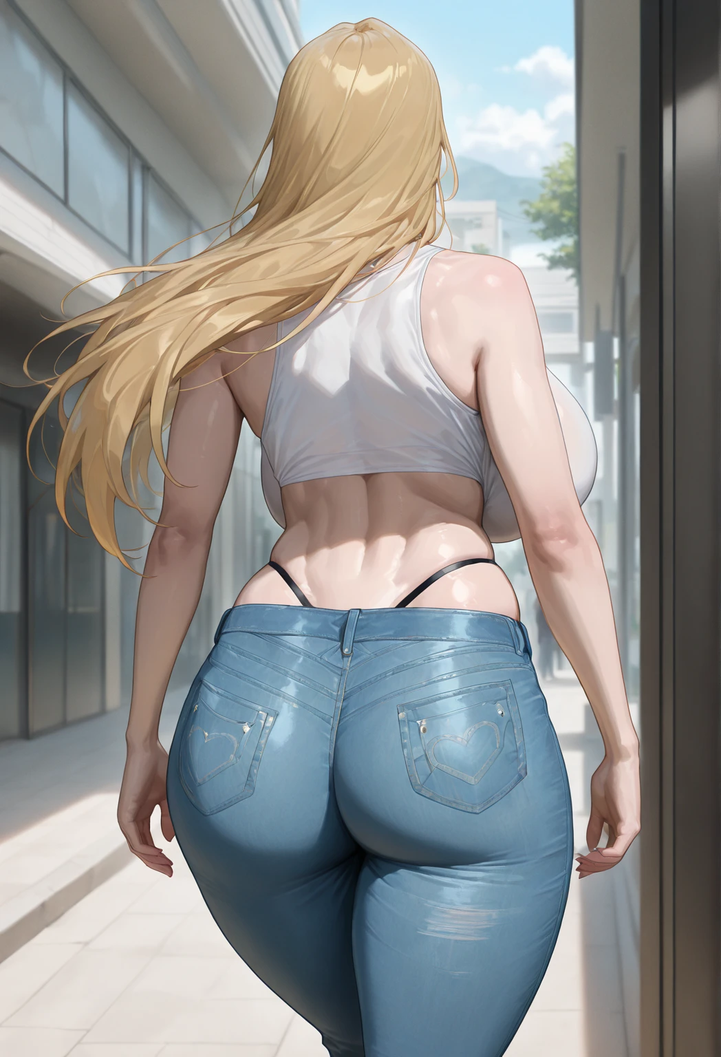 8K, 4k, highest quality, High resolution: 1.2), (masterful, realistic, Photoreal: 1.4), 1 woman,  Older sister's atmosphere、beautiful face, she has a bright smile、Shining Lipin Eyes, beholder, Fair skin, white skin: 1.5), Fine complexion, big, big,  blonde hair、headband bangs, ,  young, s asack-view、big ass、super breasts、H cup、lower hair、Rear view、exposed nipples、T-back that digs into your butt、wear a white thong、emphasize the buttocks、ホワイトカラーのCalvinKleinTバック、CalvinKlein、cute long hairstyle、wear high heel boots、A woman standing in front of a giant robot、There&#39;s a giant robot standing in the background、Partner robot is next to you、she&#39;s in the hangar、wearing an arm cover、I'm not wearing anything、CalvinKleinの下着だけ、nude