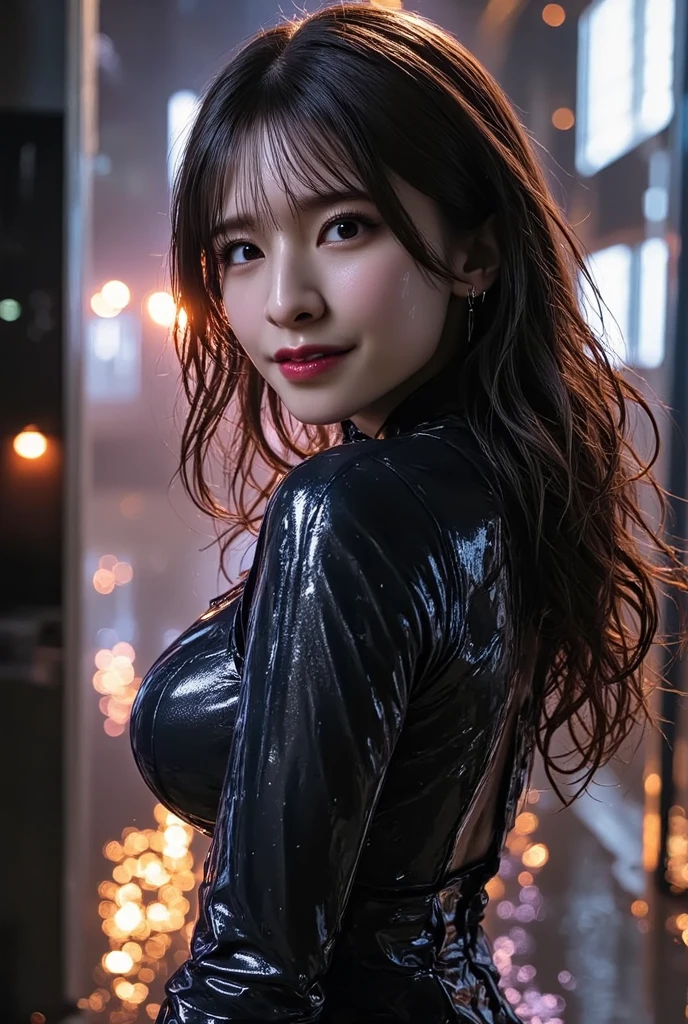 Photo studio、Rubber texture black purple silver leather blazer suit、Shiny black silk shirt、（Large Breasts:1.4)、Japanese、Gravure idol、Cute 18 year old girl,Black hair in a ponytail, masterpiece, 最high quality, 超high quality, high quality, High resolution, 超High resolution, Absurd, 4K, 8k, 16K, Very detailed, Realistic, photo Realistic, RAWphotograph, photograph, Super Fine Illustration,Beautiful Face、Realistic Face、(Ultra detailed hair)、(Ultra-detailed eyes)、Beautiful details、Realistic Skin、Perfect ???????、(Detailed skin)、Beautiful Skin、Charm、Ultra high definition、Ultra-realistic、Correct ???????, Perfect proportions