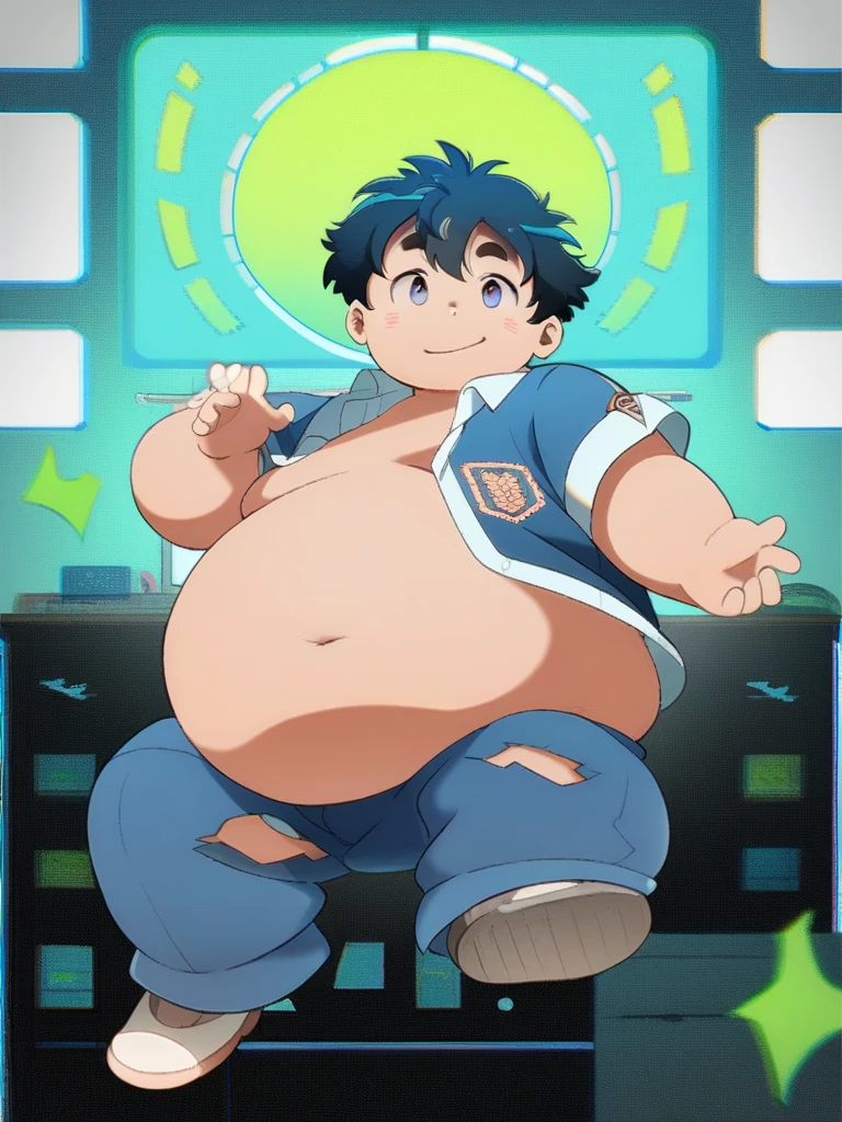Full Body Blue, Body Noise-Sensing, as a computer folder, Wearing School Uniform, chubby , cute, with a big belly to reveal clothes, junior high school student, Fatty, No Glasses , With hair, Overweight, Big belly, anime style