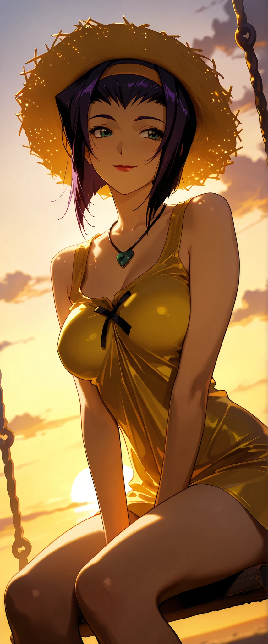 1 woman, faye valentine, dutch angle, purple hair, green eyes, summer hat, beautiful necklace, yellow summer dress, sitting on a swing, cheerful smile, windy, outdoors, sunset, chiaroscuro, masterpiece, high quality, highly detailed