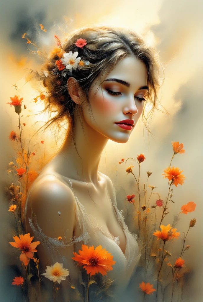 Painting of a beautiful woman in profile with long hair and flowers in her hands, Beautiful digital illustrations, Beautiful artwork illustration, Amazing digital illustrations, Beautiful digital artwork, Amazing digital art, Exquisite digital illustrations,style, Beautiful digital art, beautiful Amazing digital art, very Beautiful digital art, Beautiful fantasy art portraits　Unreal Engine