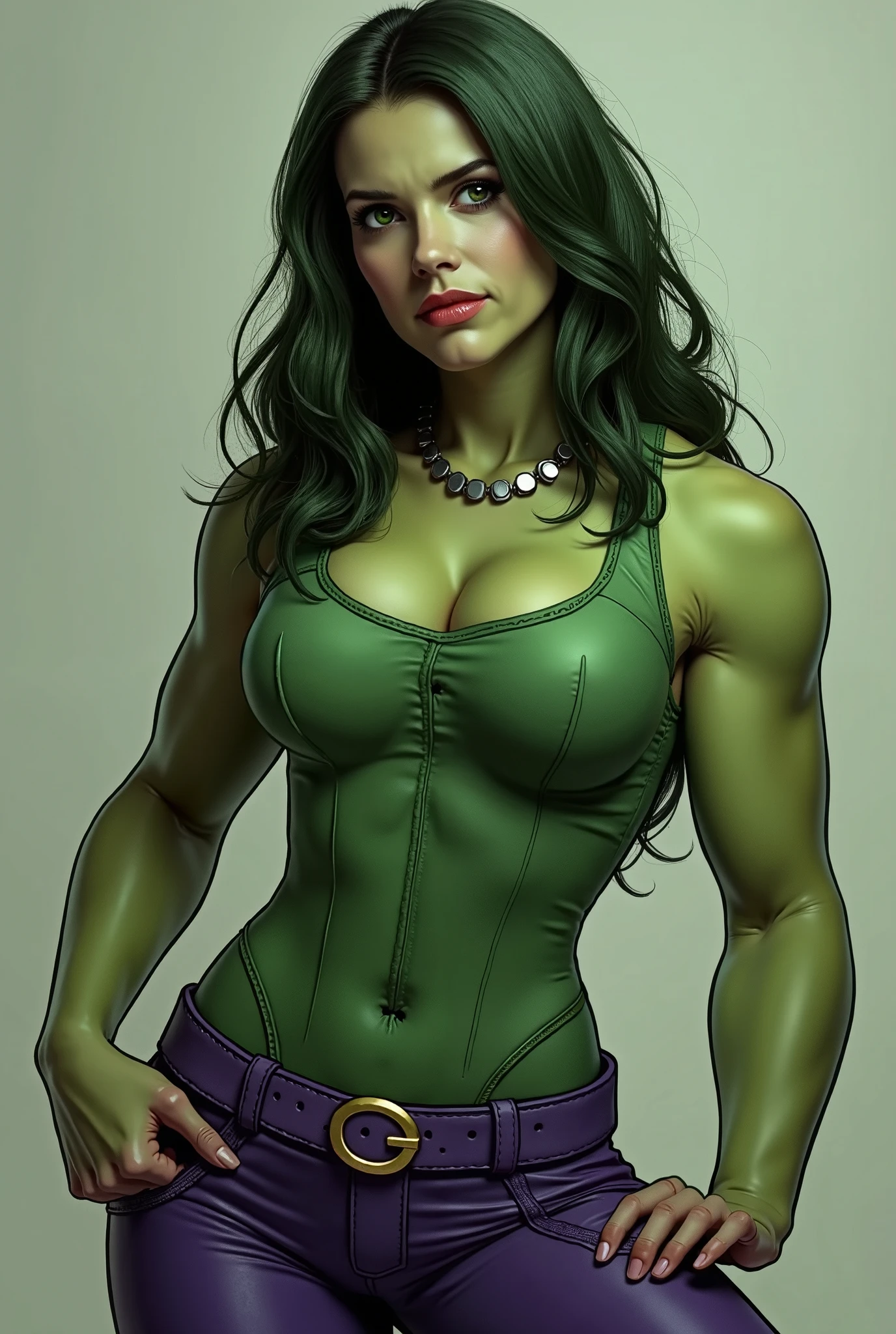 8k, best quality, beautiful muscular adult woman, very muscular, very tall, long wild vivid green hair, large breasts, wide body frame, broad shoulders, lusty expression, sultry grin, slutty nurse outfit, athletic, fit, pale white skin, 8 feet tall, muscular thighs, glowing green eyes, beautiful, strong, TALL, hdr, black goth eyeliner, long hair, green eyes, matte black lipstick, indoors, hospital room on a film set