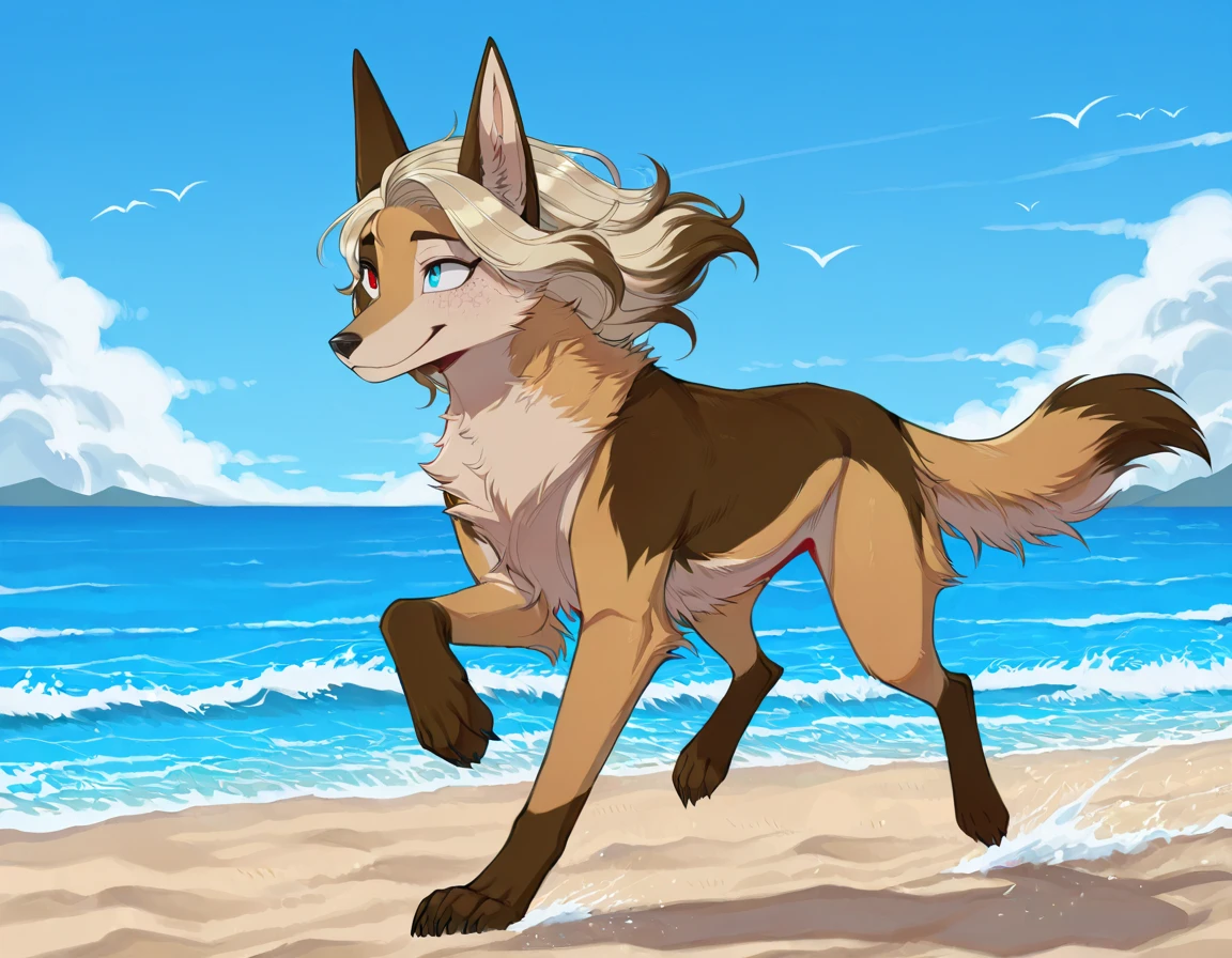 Beach background, ((by keihound, by reysi)), by Zackary911, by fluff-kevlar, Furry, Anthro, ((Australian Shepard)), detailed fur, ((teen)), ((small)), ((short)), dynamic pose, sitting, short white hair, ((short fluffy tail)), ((red speedo, tight red speedo, butt, ass)),