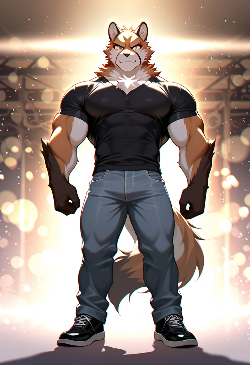 All brown wolf, anthropomorphic, bedroom, nude, yellow eyes, happy, standing, male, back view, looking at viewer, ass, bent over, hands on desk, tail up, balls, cum, cock,