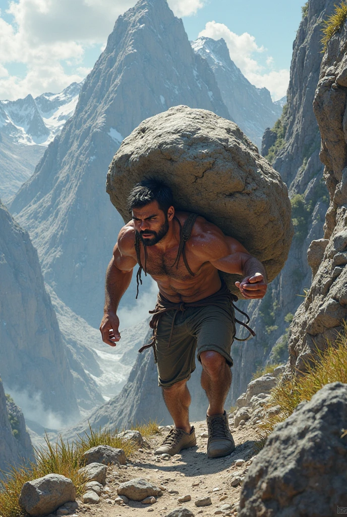 A man carrying stone to the top of the hill tired