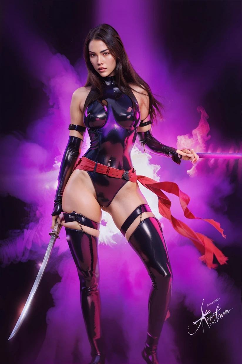 (detailed skin:1.2),(shiny skin:1.1),8k,(best quality),(photorealistic:1.4),1samurai mature 50year-old, makeup,(lipstick:1.1),(eyeliner:1.2),brunette long straight hair style,(very muscular),sweat,((ready a Japanese sword)),((Purple color micro bikini)),(((Purple color Japanese samurai armor))),(thigh high long boots), full body shot,((front focus)),on street