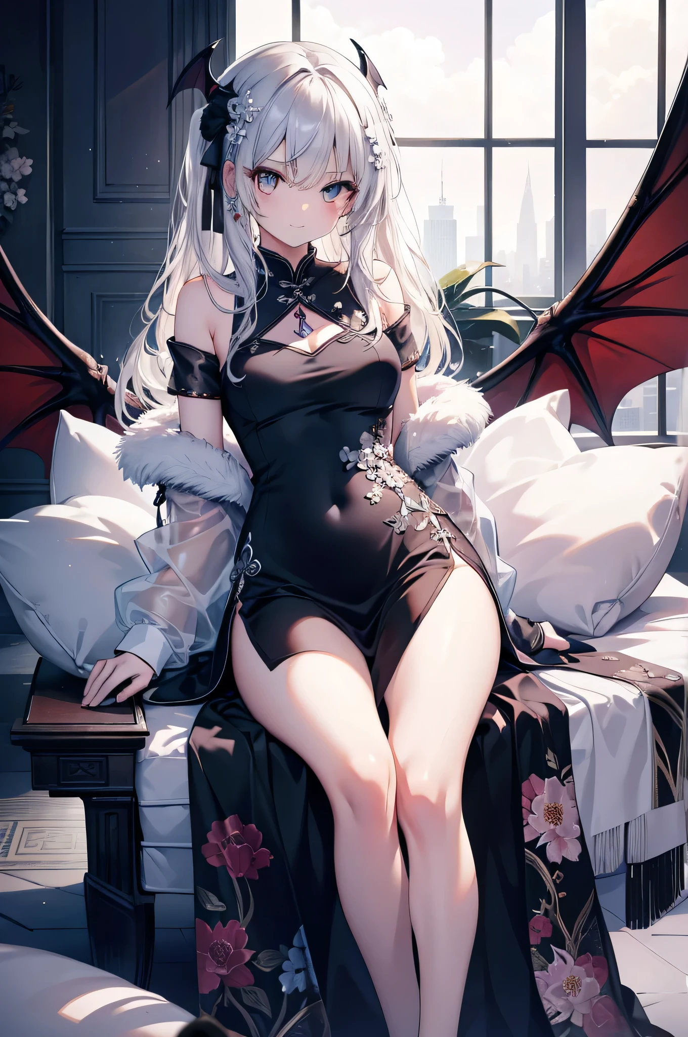 tmasterpiece,high high quality,1girlhugebreasts,solo,hugetits,bob-cut hair,inside room,(A half body:Above thighs),(hair between eye),(Hairstyles:Elf short hair),Bat wings,Disappointed face,looking looking at viewer,(Sleeveless dress)