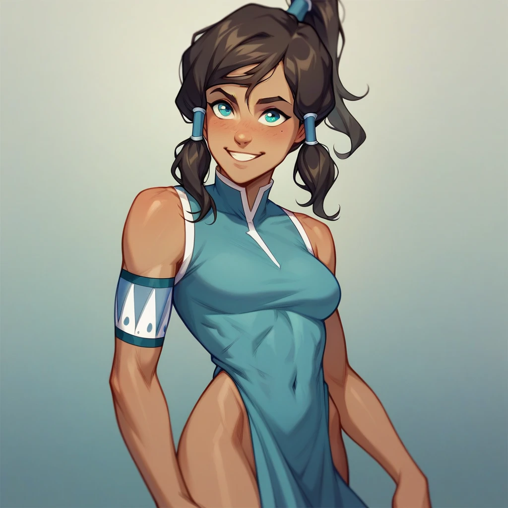 (masterpiece, best quality:1.1), (1girl, solo:1.12), (korra:1.1), from the legend of Korra, blue and white outfit, blue eyes, short brown hair, muscular build, dark skin, dark-skinned female, breasts, leaning back, smile, looking at viewer, close-up, parted lips, gradient background, blue background