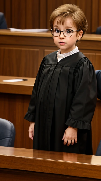 Ultra Realistic, masterpiece, high definition, highly detailed, 8K, a cute Ukrainian girl , a 8 girl, highly detailed face, highly detailed body, holding law book, wearing lawyer outfits, lawyer gown, resembling a lawyer, she seems determined, looking at the viewer , she's walking in the courtroom, full body view, proper courtroom in the background, law books, judge panel ,court, perfect background.