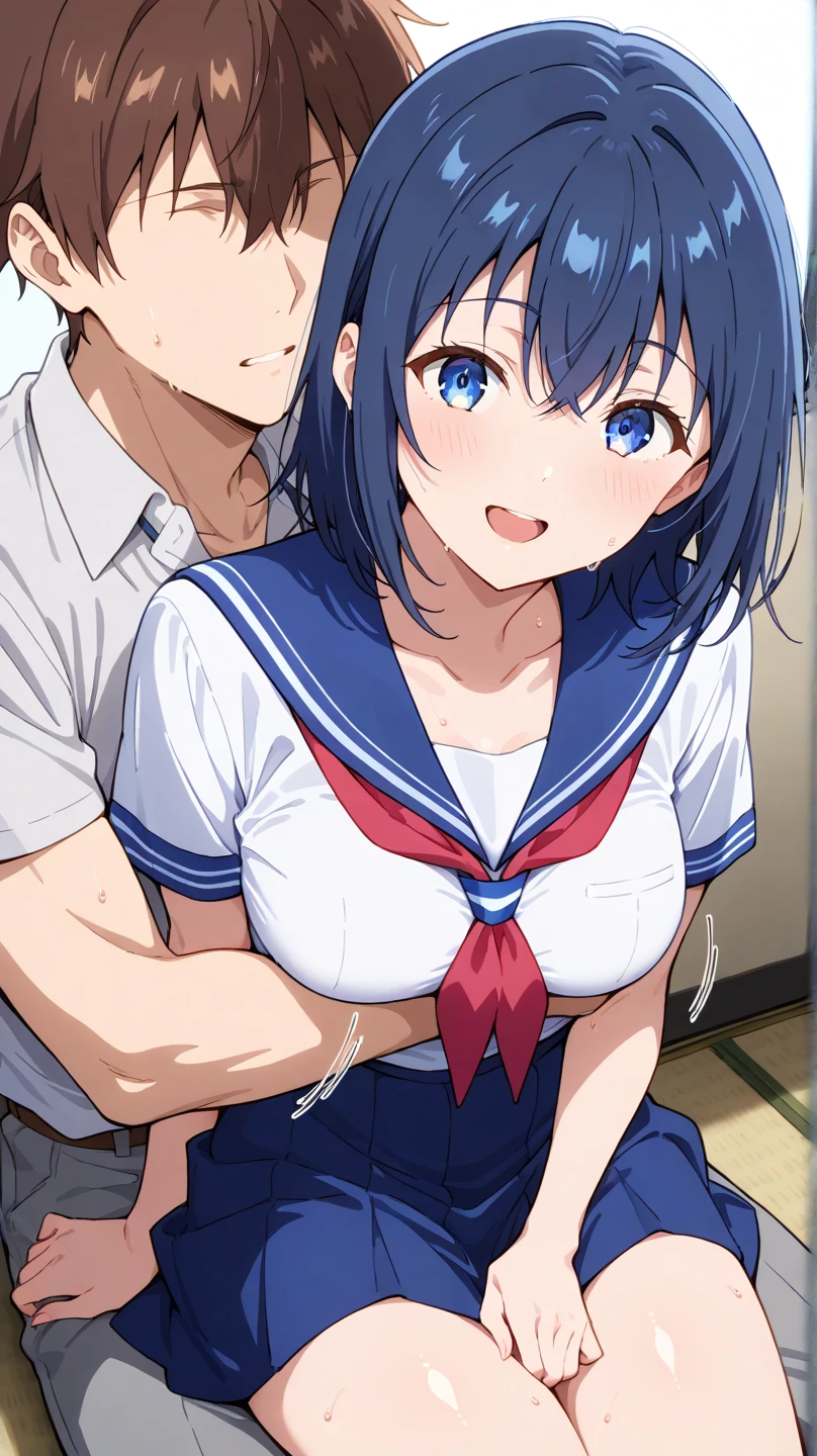 high quality、High resolution、high resolution、Inside the love hotel、One Woman、She is wearing a white sleeveless sailor suit(Collar only)I am wearing、White headband、Blue heart shaped earrings、White garter belt、((A woman is having sex while standing and taking the crab-legged pose.)、Moles around the eyes、Are fat(1.6)、Wet(1.4)、Tree Eyes(1.9)、The corners of the eyes are pulled out.、Green Eyes、Saggy breasts(1.9),Big Breasts(1.9)、Long chest(1.9)、Her breasts are shaking up and down、Black Hair(Blue inner hair color、Braid and tie on top of the head、Short Hair、slippery head、Wetた Hair、Silky Hair、Spreads to the eyes,Swept-back bangs))、Oho face、(((Angle from the buttocks))) (((Black man)))、(Big penis)、(A man is having sex with a woman from behind)