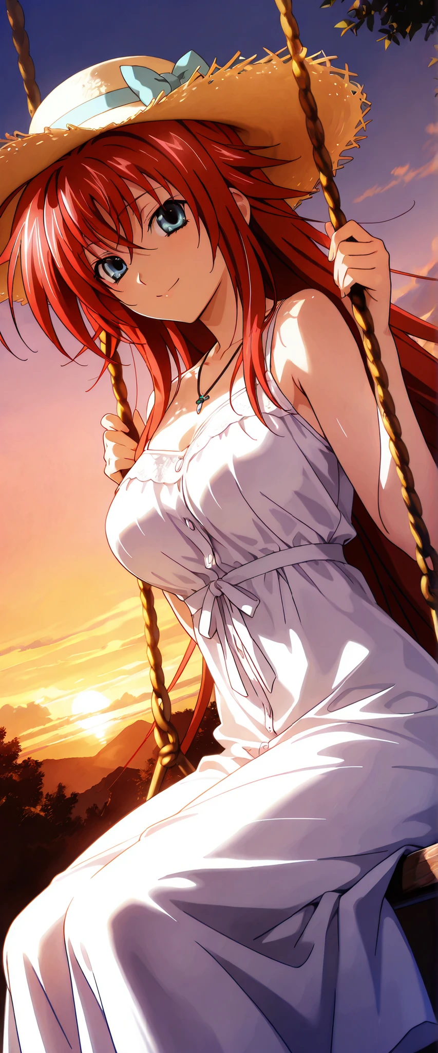 1 woman, rias gremory, dutch angle, red hair, blue eyes, summer hat, beautiful necklace, summer dress, sitting on a swing, cheerful smile, windy, outdoors, sunset, chiaroscuro, masterpiece, high quality, highly detailed