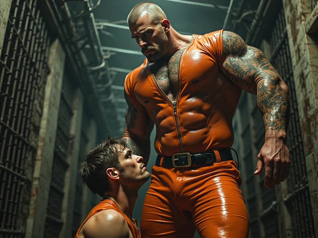 Cute prison boy, orange suit, 5 boys talking, cute boy, strong, muscular,topless,underwear