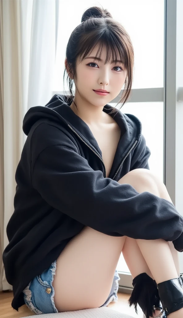 Sadakoは不気味さと恐怖を醸し出す独特の雰囲気を持っています。Sadako、enchanting smile:1.5,long black hair that hides the eyes:1.5、The exterior is eerie and attractive、Sexy and bewitching legs and beautiful breasts are attractive。spread、Sweaty crotch、wet crotch、Touched hair、濡れwet crotch、seductive angles、spread your legs、correct position、Delicate girl with beautiful details、colorful、finely、detailed lips、intricate details、(1 female:1.5) (Gorgeous and beautiful 30 year old sexy Korean woman:1.1) alone、Viewers looking up、happy smile、model girl、choker、(hoodie、Wearing a hood)、Asian_street style、Asian Traditional House、flat chest:1.5、elegant(50mm sigma f / 1.4 ZEISS lenses 1.4、1/800 seconds、ISO is 100、photograph:1.1) (realistic:1.1)Lens flare、pieces fly