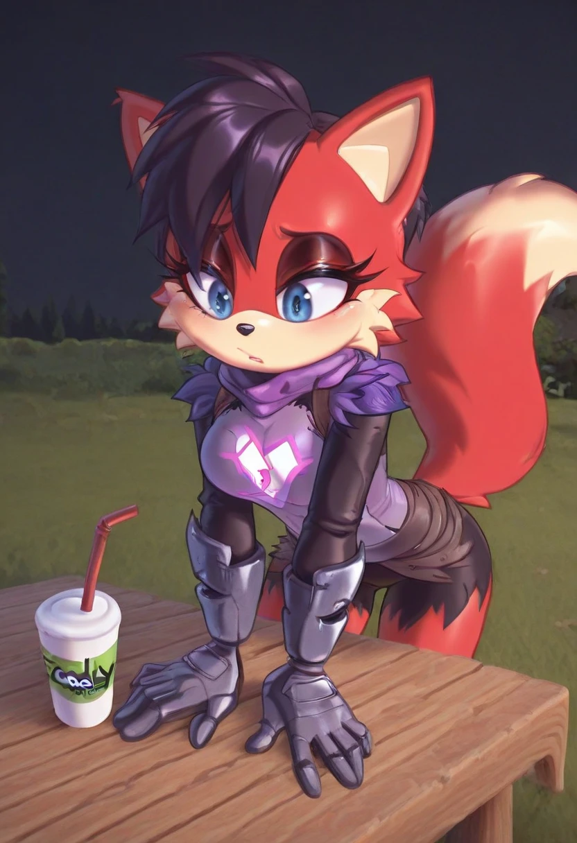 (best quality),(highly detailed),masterpiece,detailed face,beautiful face,(detailed eyes, deep eyes),(1girl:1.33, solo),full body,very long hair,earrings,(grin:0.9),navel,purple elbow gloves,purple thighboots,breasts,necklace,side ponytail,jewelry,belt,thighhighs,ponytail,standing,campground,campfire,grass,tent,pond,small head,adult body,<lora:Marusame_OC_Character-000009:1>,dress,