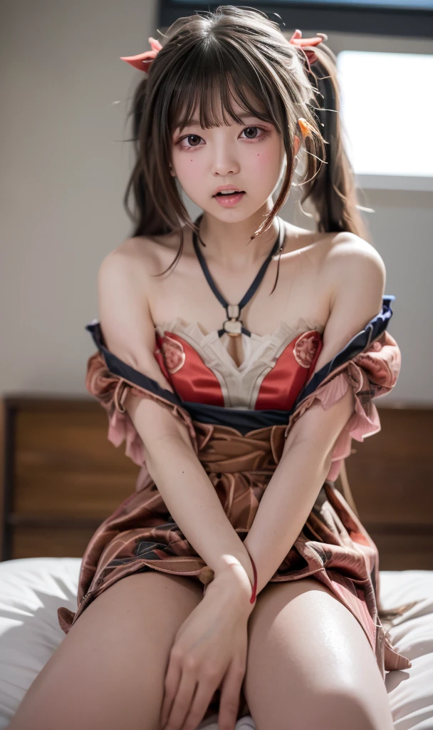 (((A 20-year-old woman with a cute face like a 16-year-old Japanese idol)))、(((She smiles gently while writhing in sexual pleasure.)))、(((Full body portrait)))、(((Sleeping position on bed)))、((She is wearing white underwear))、((Tied up on a luxury hotel bed))、(((Wearing a red leather dog collar around his neck)))、(((The whole body is tied up with red rope)))、(Artistic Expression)、Cleavage、Front image (((shibari over clothes,)), bondage, shibari:1.5, (((both arms tied))), ((bondage))、Accurate、Anatomically correct、Textured skin、Very detailed、 Attention to detail、highest quality、High resolution、Genuine、Indistinguishable from live-action、realism、RAW Photos、masterpiece
