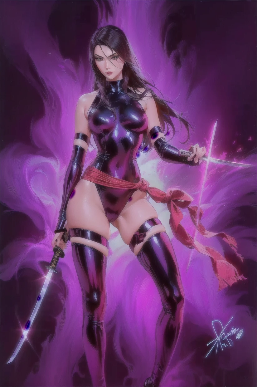 Create a highly detailed image of Psylocke from Marvel Comics, featuring her toned, bodybuilding body. She is wearing a black swimsuit and has a long purple sash tied around her waist. Its arms and legs have black bands. The scene should portray her in a dynamic pose, showing off her muscular, athletic physique. The background should be subtle but suggest a futuristic or mystical setting, ensuring the focus remains on Psylocke. Use vibrant colors and sharp details to reflect the Marvel Comics style.
