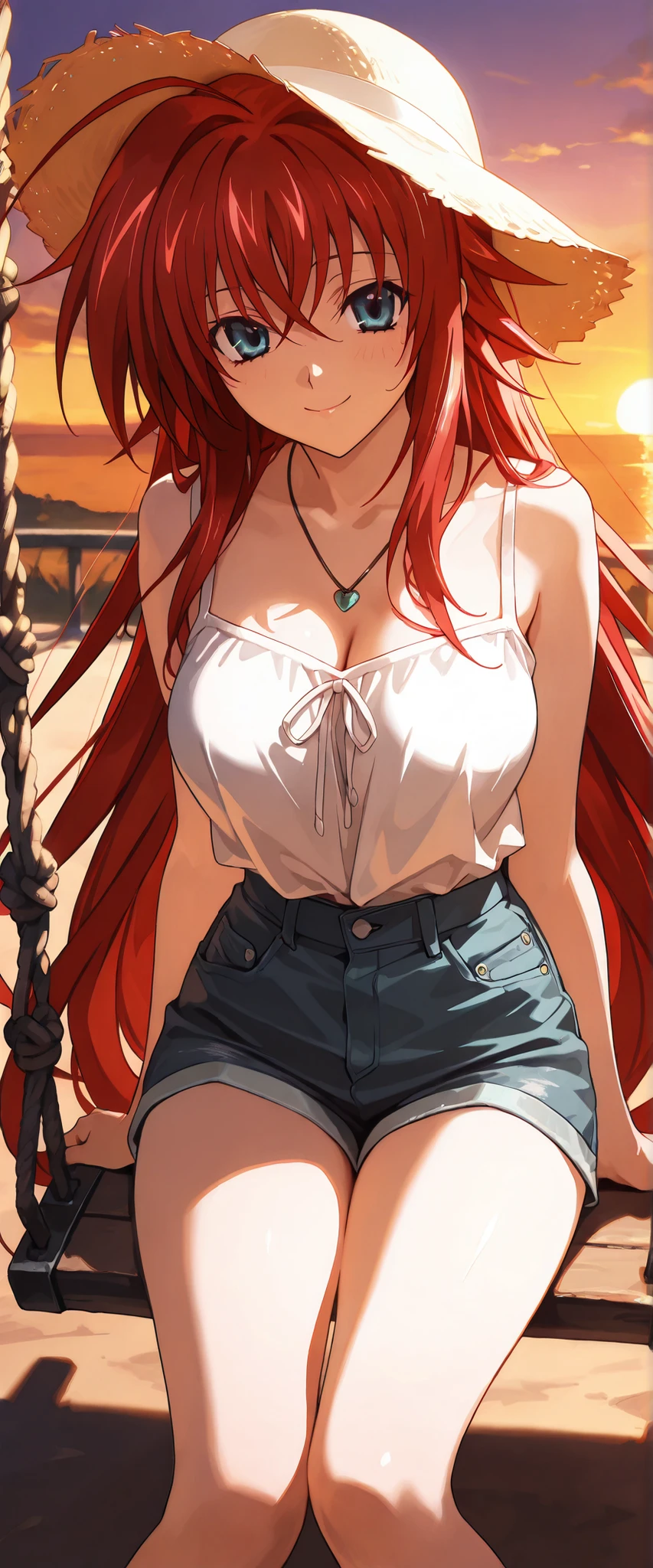 1 woman, rias gremory, dutch angle, red hair, blue eyes, summer hat, beautiful necklace, white top, denim shorts, sitting on a swing, cheerful smile, windy, outdoors, sunset, chiaroscuro, masterpiece, high quality, highly detailed