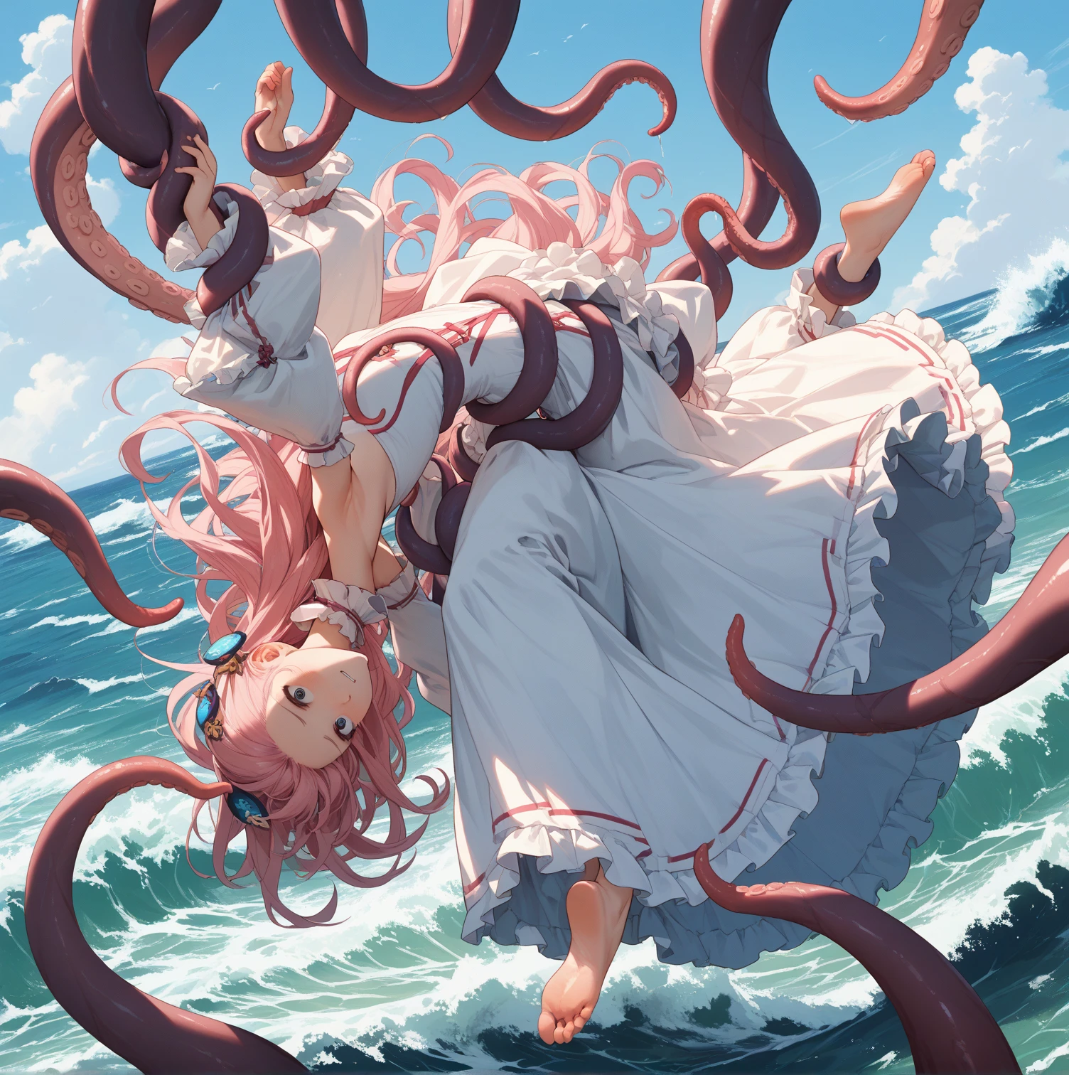 cecaelia, Scylla, ((thick tentacles)), purple, large suction cups, macro, masterpiece, best quality, light smile, ((tentacle wrapping)), red eyes, full body, vore, attacking ship