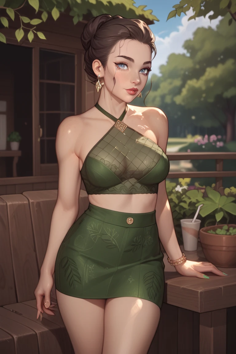 tall woman with a toned and athletic build; straight dark brown hair worn in a neat bun; green eyes; fair skin with a light scattering of freckles across the nose and cheeks; defined cheekbones and a straight nose; somewhat huge breasts; girl-next-door look; soft and cute features); on a date at a verdant park at night; best quality; trending on artstation; dark room with complex volumetric lighting; strong shadows; artistic lighting; dynamic; energetic vibe; realistic skin; specular highlights; micro-textures; highly detailed hair; fashionable clothes, skirt and blouse; park at night; bioluminescent trees and plants.