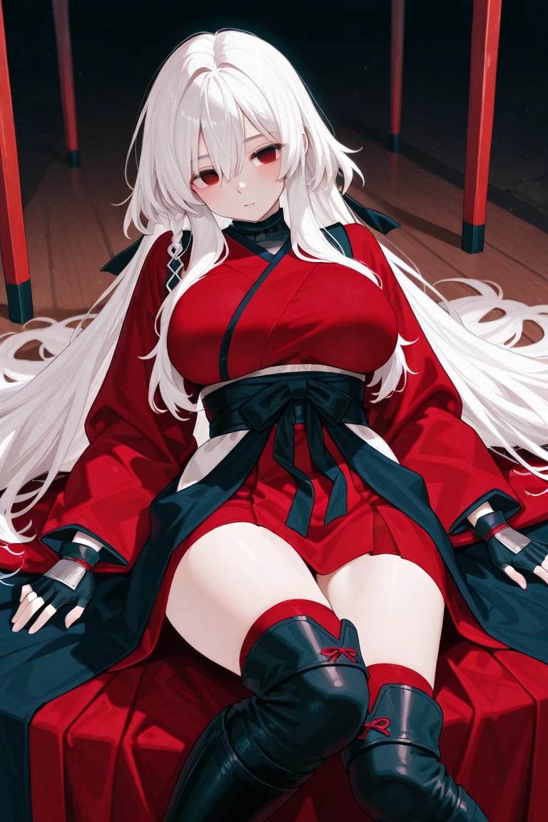 Make a full body character with 2D graphics based on current anime 4k-8k The character is 22 years old. Mature body with big breasts and curves. Eyes red, white cat ears, long white hair down to the ankles. Cat's furry tail. The outfit is a mix of traditional Japanese kimono, Qipao chines stylized in a cyberpunk way. The colors of the clothes are predominantly white with details of blood red and gold.. With sock 3/4 black and white, sandalhas ninja estilo cyberpunk.