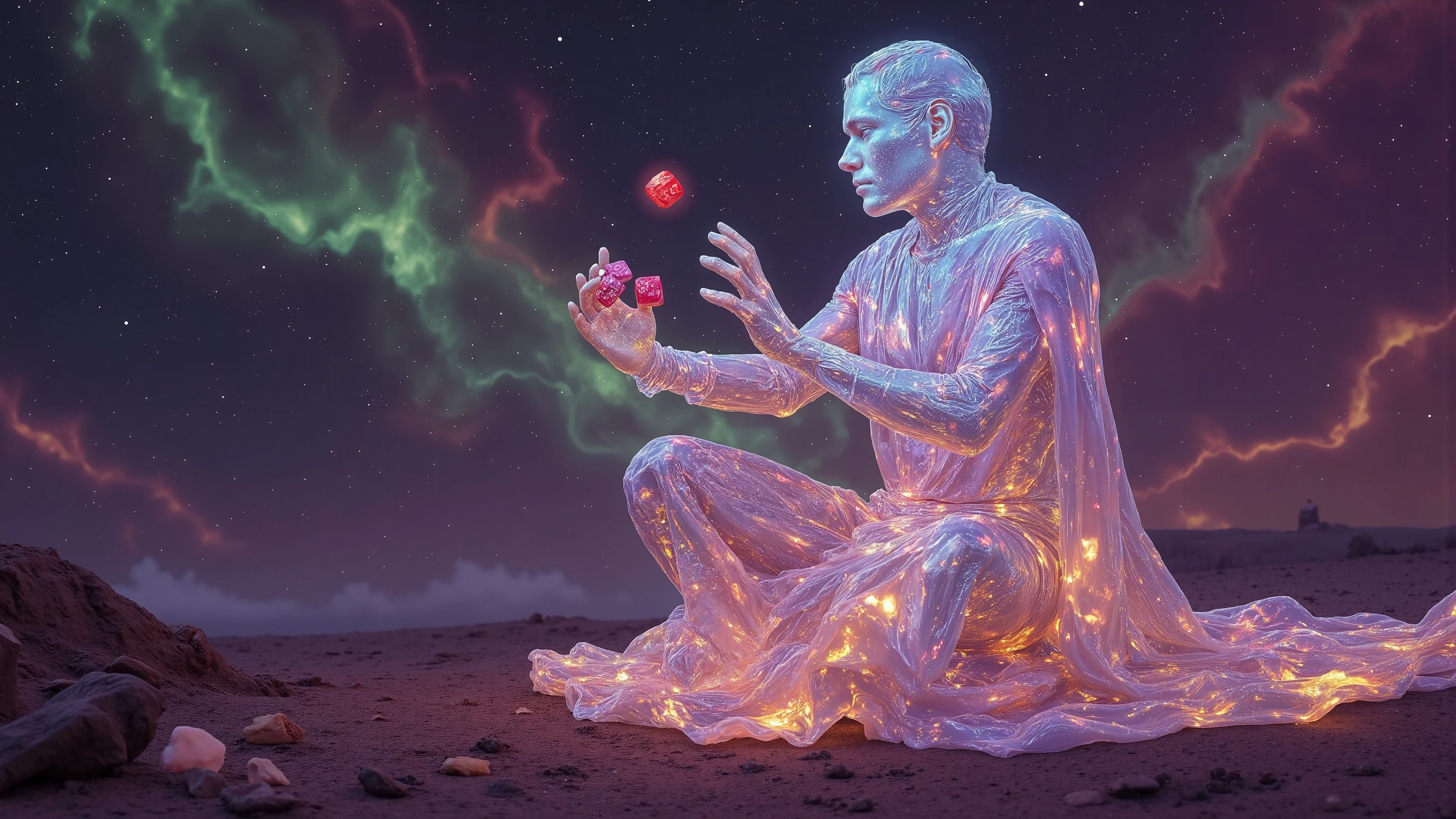 Abstract Surrealism Art. The celestial translucent man tries his hand at dice magic, purple cosmic skies with greens and reds. Mystical, galactical, fantasy, ray tracing, 16k, UHD, HDR, masterpiece, award winning
