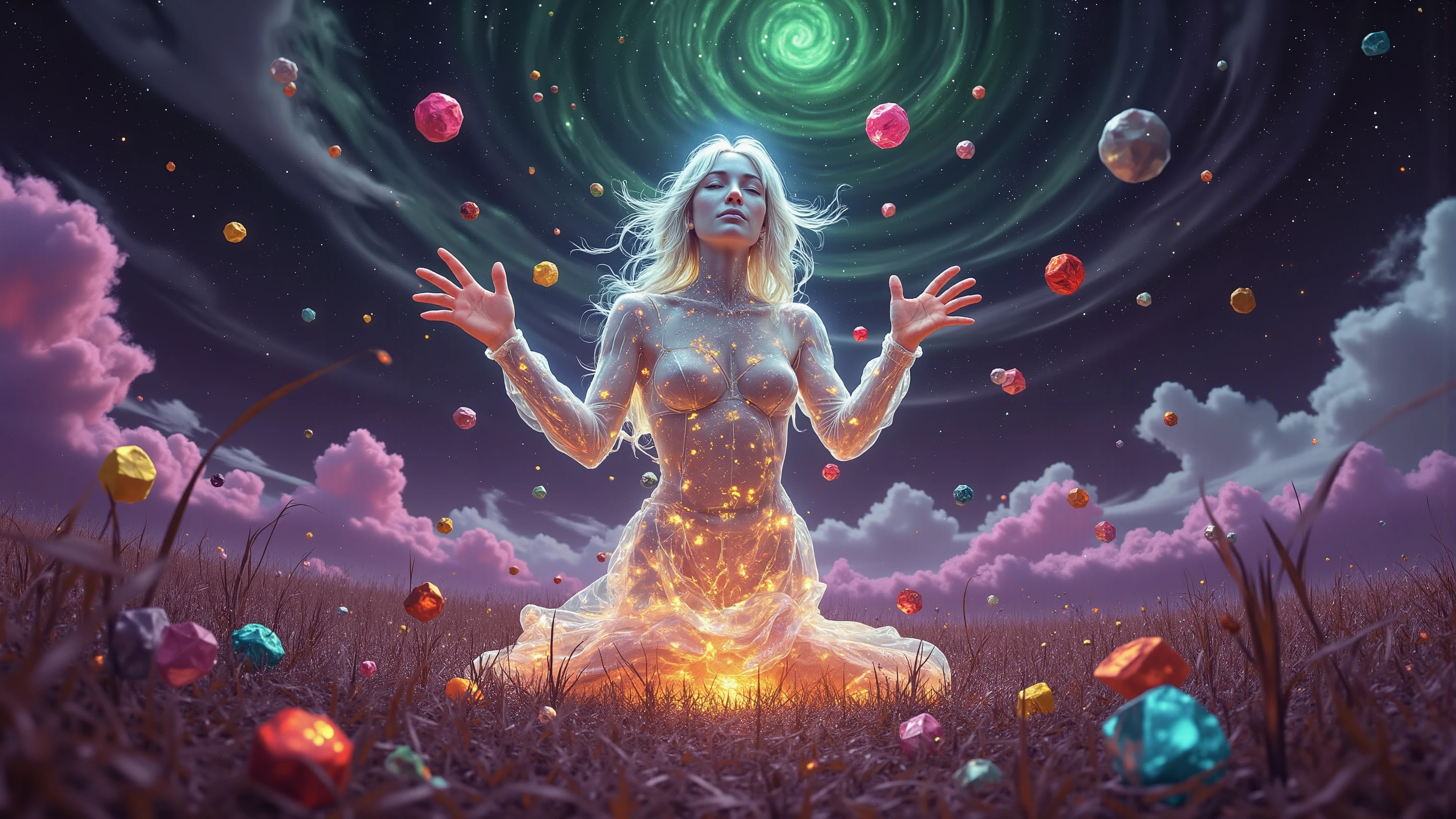 Abstract Surrealism Art. The celestial translucent man tries his hand at dice magic, purple cosmic skies with greens and reds. Mystical, galactical, fantasy, ray tracing, 16k, UHD, HDR, masterpiece, award winning