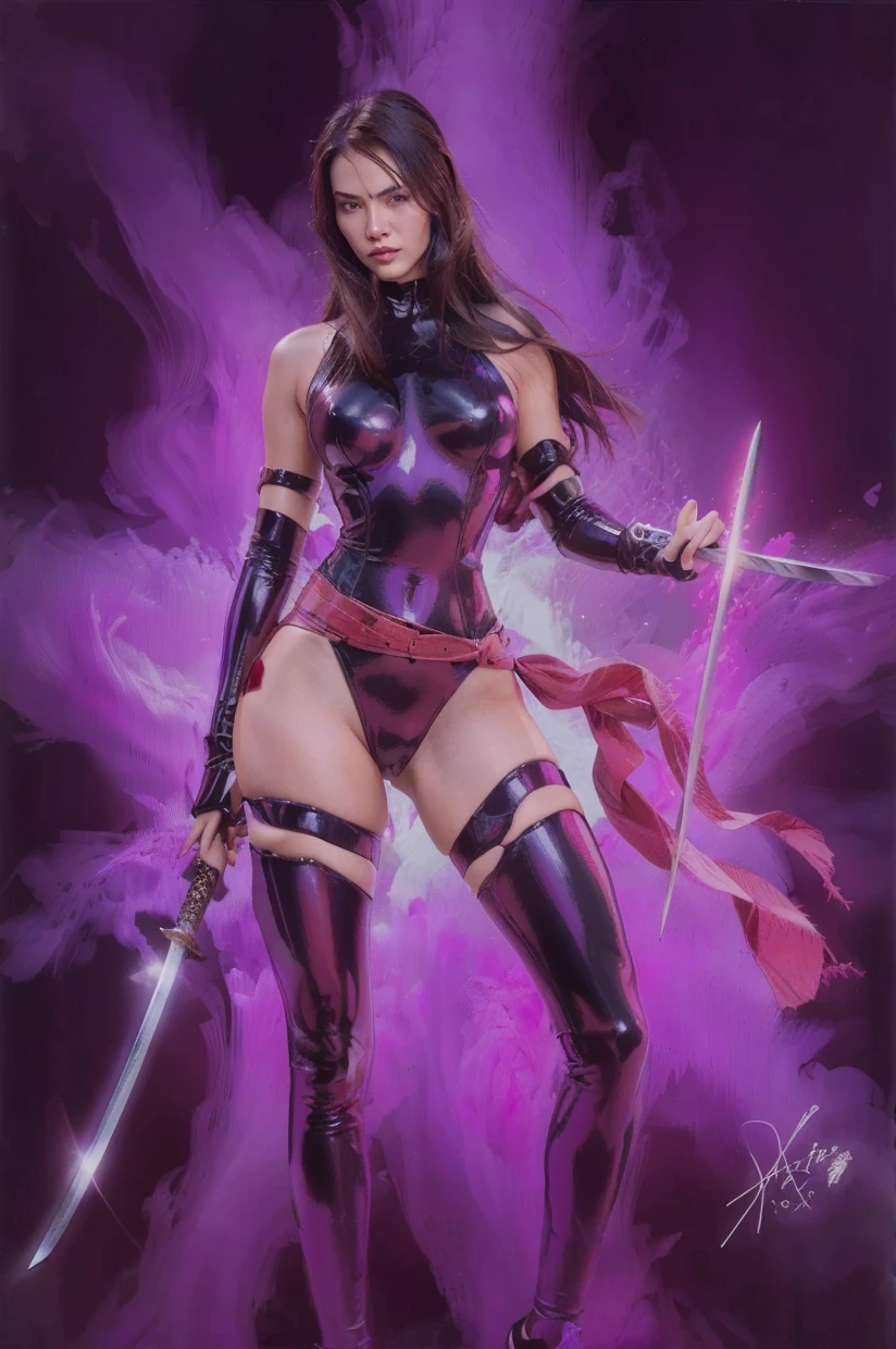 ((digital drawing)),((4k)),((JIM EIDOMODE)), a close-up of a woman in a blue suit holding a knife, Psylocke, Kate Bishop, nico robin, in digital illustration style, bright digital painting, comic digital art, in a mixed æon flow style, 90s comic character design, in the style of digital painting, colorful digital illustration, drawn in the style of artgerm
