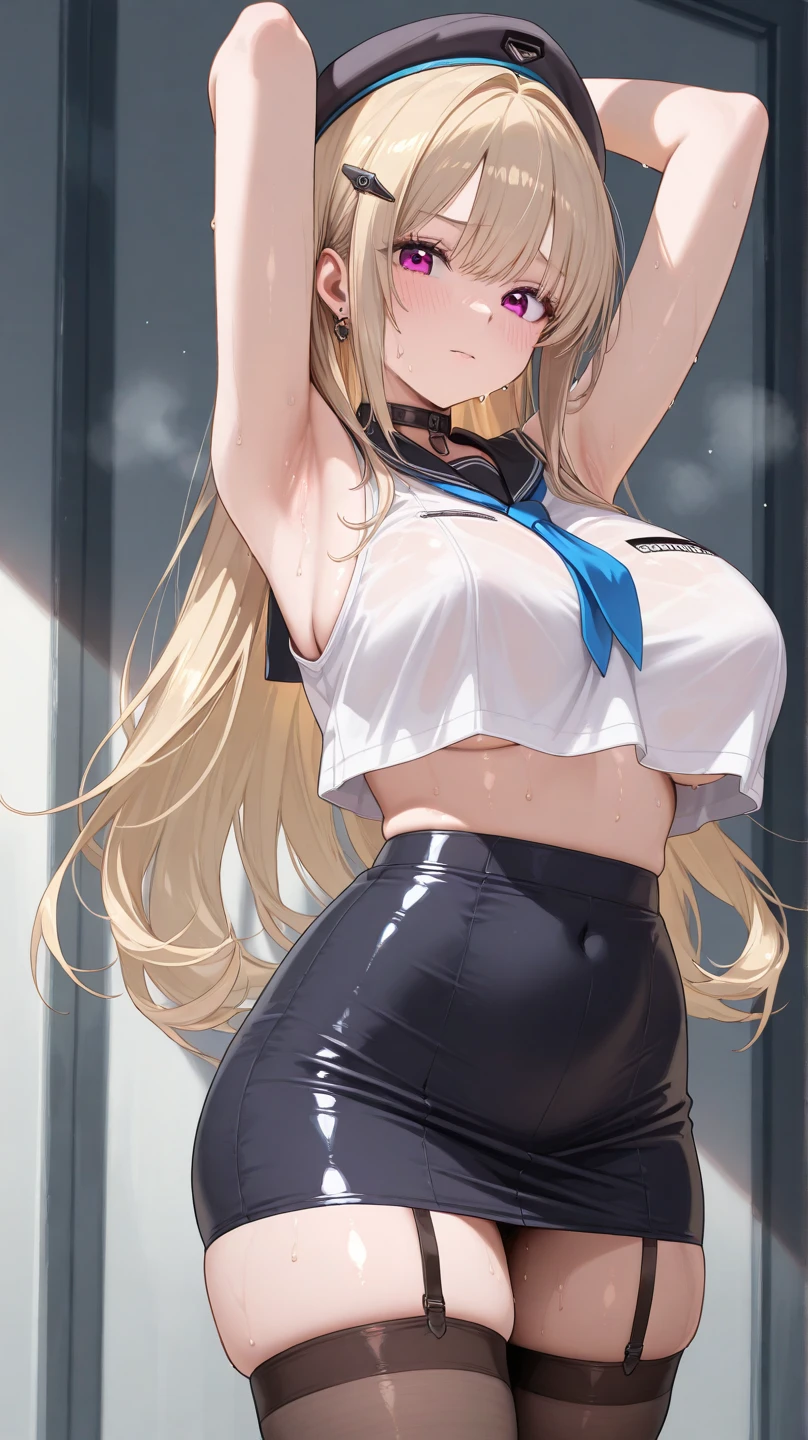 top-quality、realistic touch,high-detail、photoRealstic、、Long body、skirts that are too short、big eye、Big breasts that are about to fall out of your clothes、Strong platinum blonde eyelashes、platinum-blonde、Beautie、A sexy、full body Esbian、Sparkling eyes、Submissive smile、Flushed cheeks、Kamimei、thin-waist、Sleeveless、Voluptuous thighs、Enraptured look、body suit、Raked bangs、The forehead is protruding、Butt sticking out pose、See-through clothing、a sailor suit