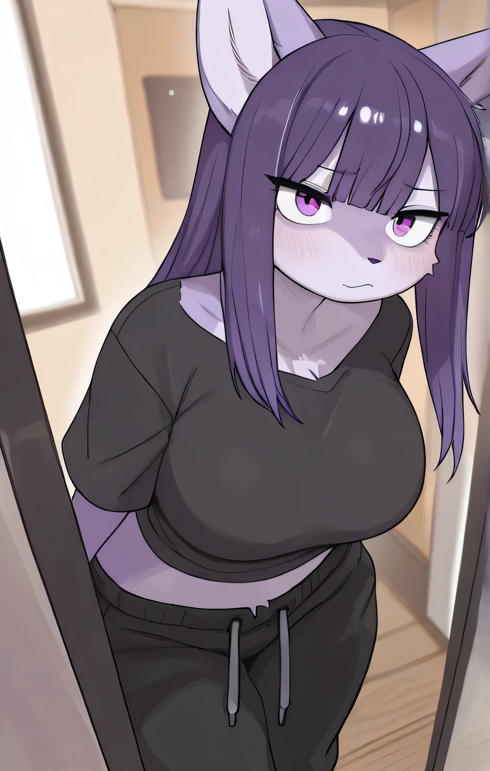 NSFW anime style image of a purple haired lesbian girl wearing only a black shirt and standing in a room smiling in a perverted and lustful manner