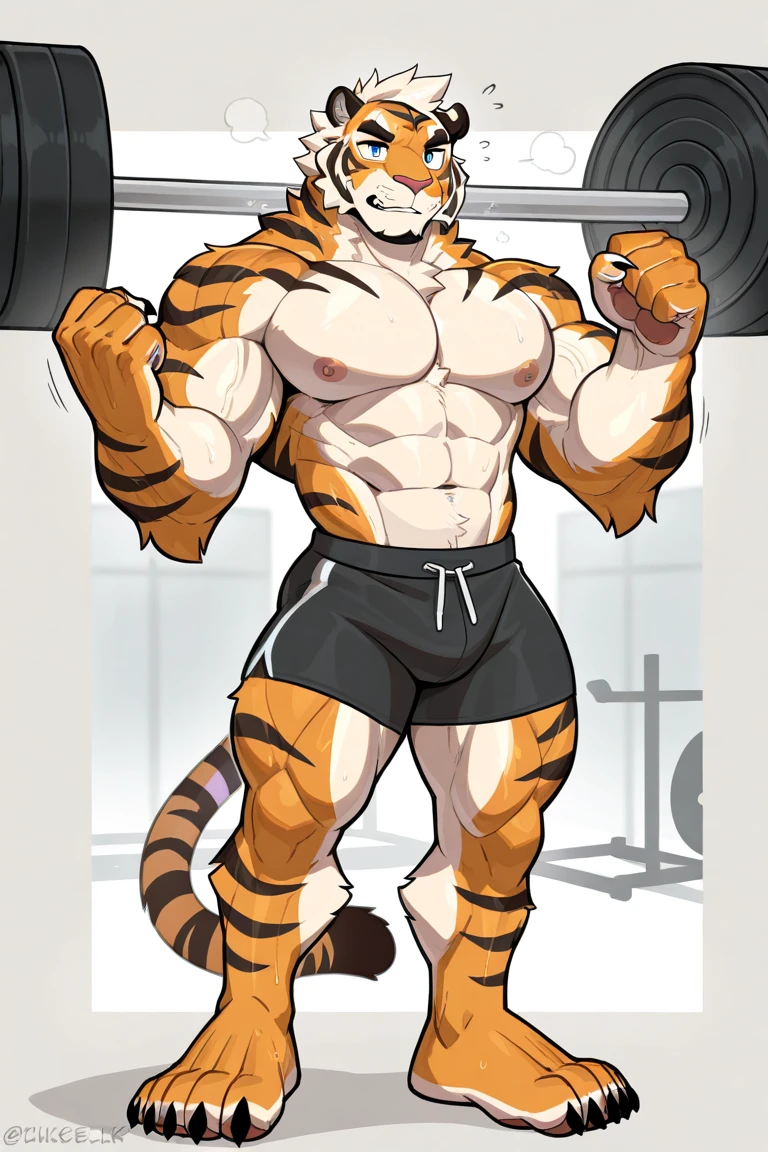 yan shu chi, full body, ambient light, posted on e621, topless, feet, abs, green eyes, ultra high quality, 4k, one arm raised, sweat, sweaty, gym, bulge, underwear, bulge on underwear, big bulge, weigh lifting