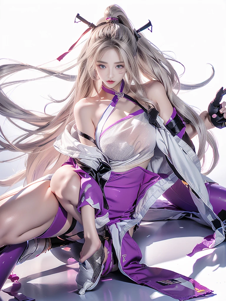 anime girl, white pantyhose, white clothes, white boots, long silver hair, purple eyes, sexy pose, highest quality, cleavage、beautiful eyes、smile