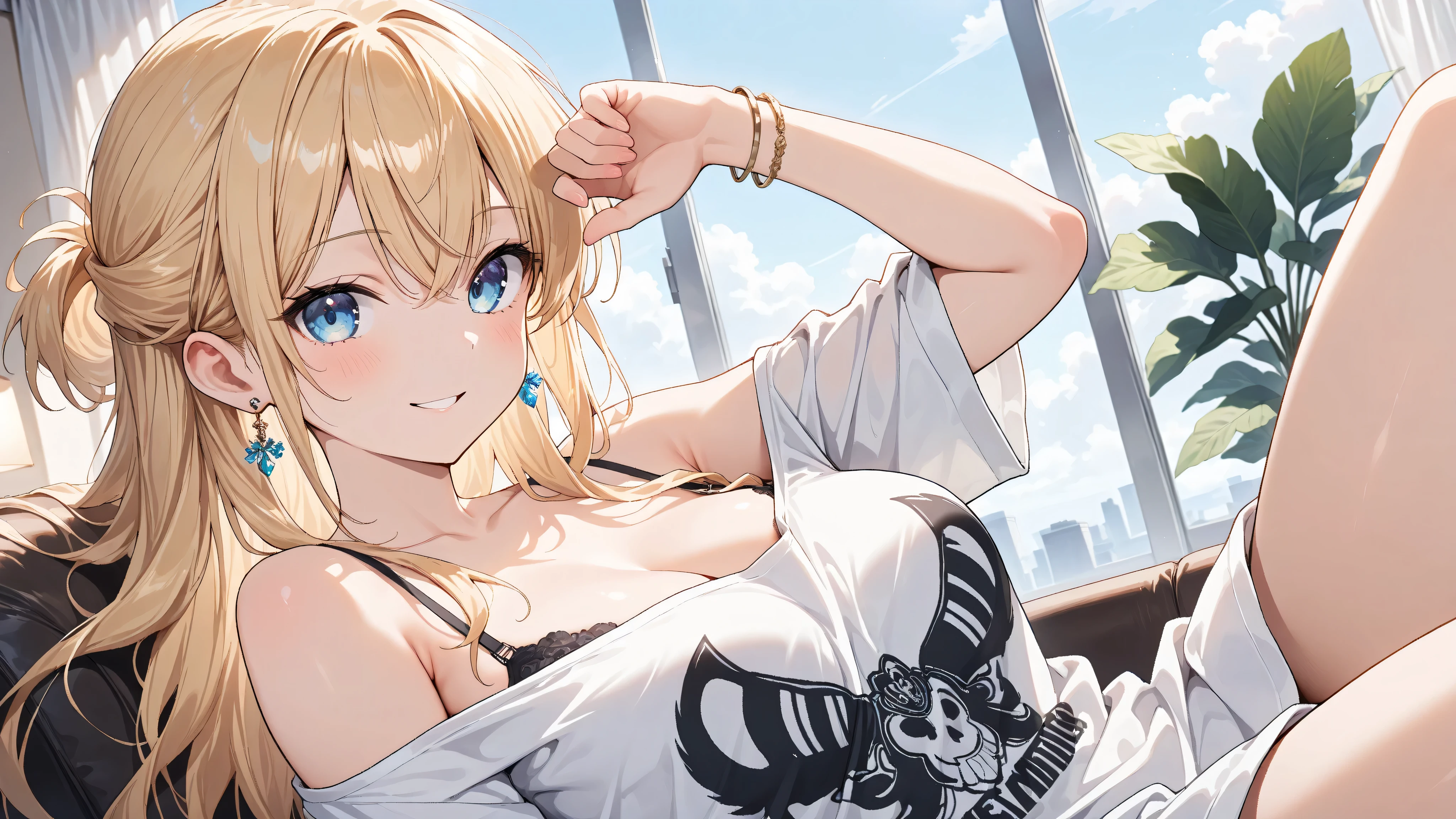 (masterpiece, detailed:1.2), One Girl, (18-years old), blonde one updo, Medium Breasts, sky blue eyes, smile, parted lips, BREAK, oversized shirt, bra straps, bracelet, earring, BREAK, Highest quality, BREAK, relaxing in living room, view from below