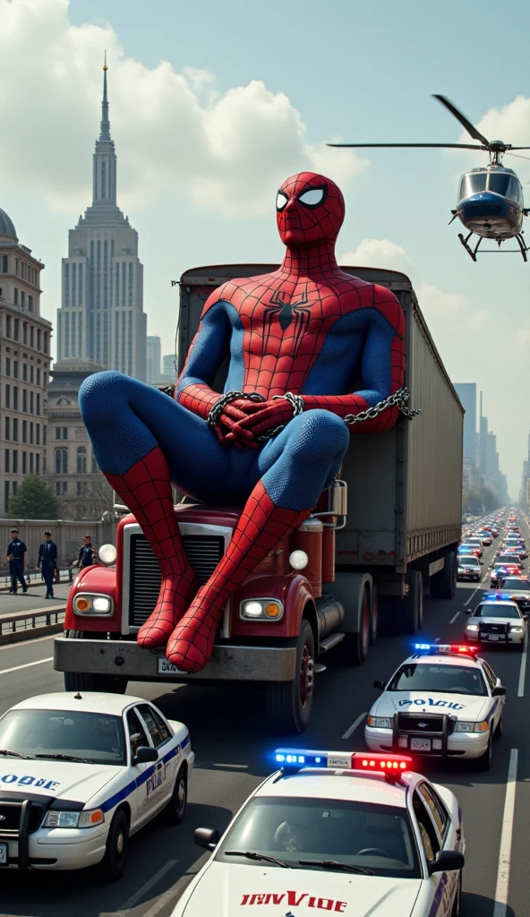 A big and haus sized Spiderman stachu lying down loaded on high tech truck and stachu bind with thin iron chainon a high tech truck and many police man standing around the stachu
