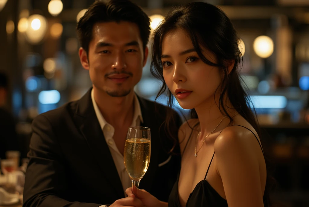 A dandy 50-year-old man touches a sexy 2 Japanese woman in stylish lingerie., White shirt、The woman is looking at this and smiling、The old man is very excited