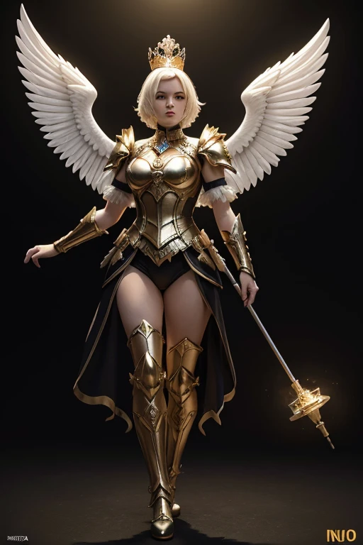 A young 15- yr old native European girl with lovely charminvg face,( skin texture masterpiece), (perfect full body detailed anatomy), (Super detailed), (meditating ), (glowing bright eyes),(short illuminating silver hair),Wearing transparent costume of an angel,holding a treasure septer & shield, illuminating different lights covers the sorrounding atmosphere Has beautiful large white wings, The character solemnly praying