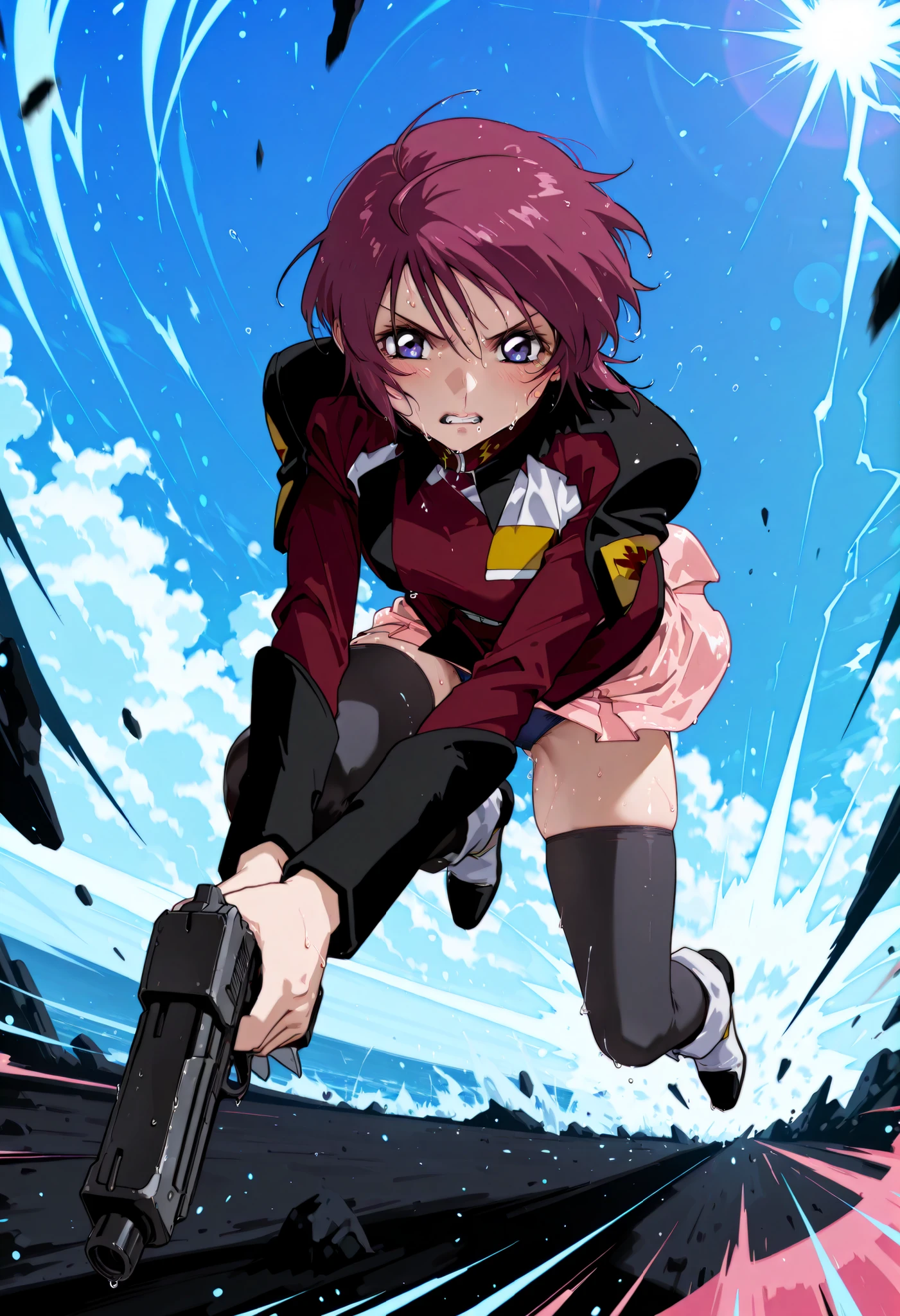 score_9, score_8_up, score_7_up,BREAK,masterpiece, best quality, absurdres,A very detailed and Hi-Res image、lightning crackling around 、safe 1girl,(solo),18 years old, (beautiful and detailed face),1girl,destiny jacket,LunamariaHawke,((destiny jacket)),((red military_jacket)),white shirt under the military_jacket,open military_jacket,((wet white shirt)), (((wet pink_skirt))),dark blue frill trimmed bra under the wet white shirt slightly visible,dark blue panties under the skirt, (((black_thighhighs))), boots,white footwear,((lunamaria)),1girl,solo,blue eyes,red hair,short hair,ahoge,,DQ6barbara,,eyebrows,NSFW,; quality\(8k, Hi-Res, top- quality, top- quality real texture skin, super realistic, increase resolution,RAW Photo, very detailed, wallpaper, golden ratio,vibrant{{breathing}},full body,(Watery eyes),(closing eyes),{Wet body},,(Close-up of a girl:0.7),(((add energy to the scene. Motion Effect))), (Like a subtle blur),bokeh,full body,(nape of neck),,((Pained expression)),(((Sweat:1.4))),(grimace),blush,(score_9_up, score_8_up, score_7_up, best quality, a woman skydiving, paradropping , weapon, handgun,fire shotting ,movement, motion blur, dynamic angle, source_anime, full body, BREAK depth of field, foreshortening, dynamic pose, super wide angle shot, extreme perspective, , anime wallpaper,((dynamic_anime_art))
