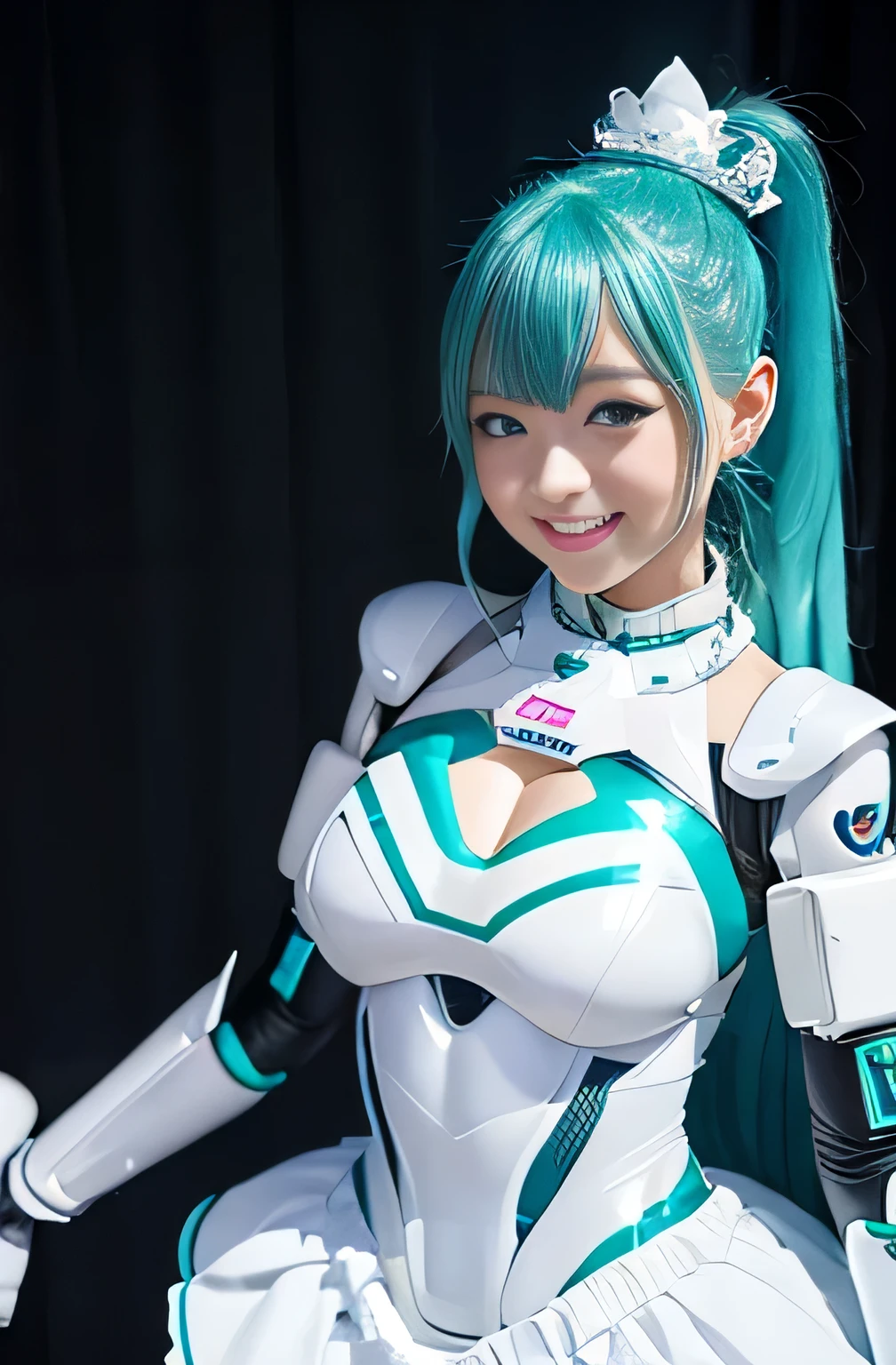(Highest Quality, high resolution, masterpiece:1.2), high definition, realistic:1.37,1 girl,cowboy shot, cute and very beautiful Japanese idol girl,(turned into a very cute robot :1.1),Laughter,(beautiful blue eyes:1.2) ,beautiful skin, Detailed Facial Features, Complex Hair, detailed costume, beautiful lips,super cute futuristic milk white and mint green idol style robot suit and frill miniskirt,the whole body from the neck down is precisely machined,LEDs in the body emit light,Futuristic Headband, Metal Necklaces ,Idol makeup,ponytail,Moe pose、Laughter, The background is a robot control center