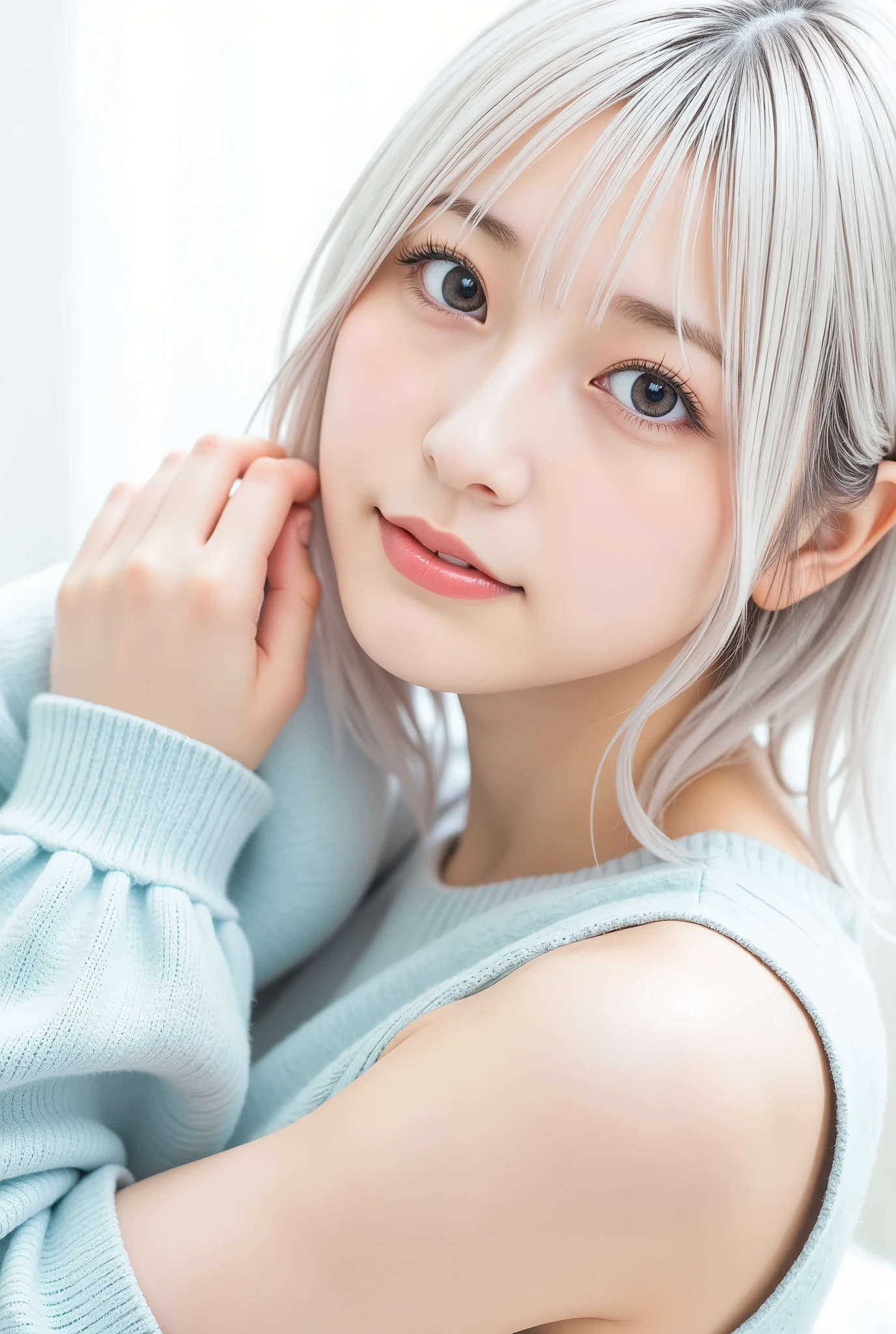 (Highest quality、8k、32K、masterpiece)、(RAW Photos)、(Realistic)、(High resolution)、Very detailedな、Very beautiful face and eyes、One Girl、Round and small face、Delicate body、(close、Highest quality、Rich skin detail、Highest quality、8k)、Very detailed、(Realistic、Realistic:1.37)、Vibrant colors、(((Laughter)))、(((Silver Hair)))、(((Please touch your chest with your right hand.)))、(((smile)))、(((Bust Shot)))、(((White Background)))、((Medium Hair))、(((White wall background)))、(((blonde)))、(((She is wearing a sleeveless hoodie with a pop design...)))、(((Brown and light blue sleeveless hoodie)))、(((White wall background)))、