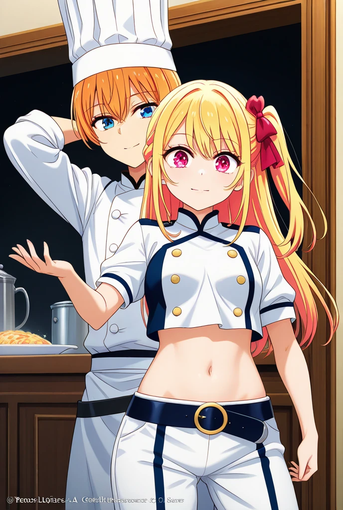 Masterpiece,best quality,Kousaka honoka, blue eyes, orange hair, looking_at_viewer, cowboy shot, black bunny leotard, pantyhose,in restaurant, cleavage , perfect shadow, beautiful,cozy , 1boy, hip hug from behind