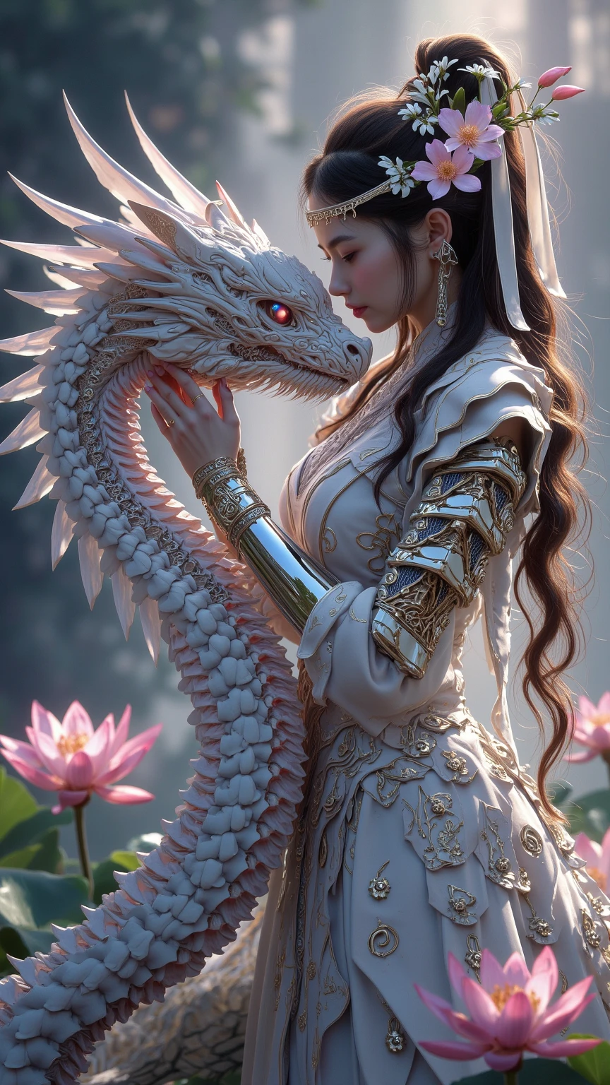 (extremely detailed CG unity 8k wallpaper), (masterpiece), (best quality:1.2), (highres), (illustration:1.1), (cinematic light:1.1), finely detailed, intricate details, (best illustration), 8k resolution, intricate details, best quality, realistic, ultra-detailed, best illumination, best shadow, ultra-HD, cryengine, ultra hd, (detailed reflection), detailed shadows, (((intricate details))), smooth, ((perfect shading)), high quality metal texture, metallic luster, highly detailed illustration, (semi realistic:1.6), (wide_shot:1.2), (from below, dutch_angle), dutch angle, ((cowboy shot)), (beautiful detailed eyes:1.1), beautiful detailed face:1.1, (realistic body:1.2), looking at viewer, (One girl hugging a white Giant Dragon, surrounded by white flowers.:1.6), (Heavily disheveled hair), (hold left hand\[ready a sword[light skin\]), (blood dripping full body:1.1), paintbrush, (glowing eyes\[magic square in eyes[ colored yellow \]), silver long hair, hair between eyes, sigma 135mm lens, amaryllis around, (((face to face:1.6))), complicated background, dynamic camera angle, blood rain behind, (warzone), (((high quality detailed ruins))), (depth of field), ((cinematic lighting)), ((horror)), ((dark fantasy)), lovecraftian, spot color, monotone, red, splashing blood, (best illumination), (hyper intricate details), ((ultra-detailed)), 4k unity, (extremely detailed CG:1.2), (8k:1.1), ((landscape view)), Artstation, ((by sui ishida, by Wenjun Lin, by stefan morrell)), dystopian art, apocalypse art, ((semi-realistic)), (realism), (dynamic), (nixeu_basic2:0.5)