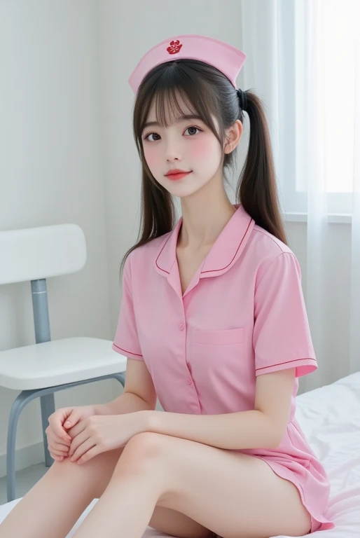 Browsing Caution、Big Tits 、(((pink nurse uniform))、whole body、double eyelid、valley、Hospital room、White garter belt、On the bed、(Split seat)、Highest quality, Very detailed, Fine details, High resolution, 8K, Perfect dynamic composition, Beautiful details, Beautiful 20 year old woman、The only person,Black Hair、Glamorous Body、Cute face、
