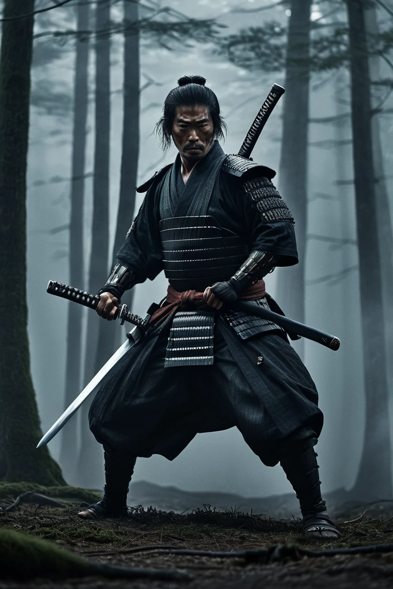 a dramatic movie scene, lone samurai warrior with katana in a foggy forest, dynamic action pose drawing katana mid-motion with aggressive intensity, facing slightly forward, cinematic lighting with very subtle lens flare, dark moody tones, highly detailed samurai armor with intricate patterns, misty atmosphere